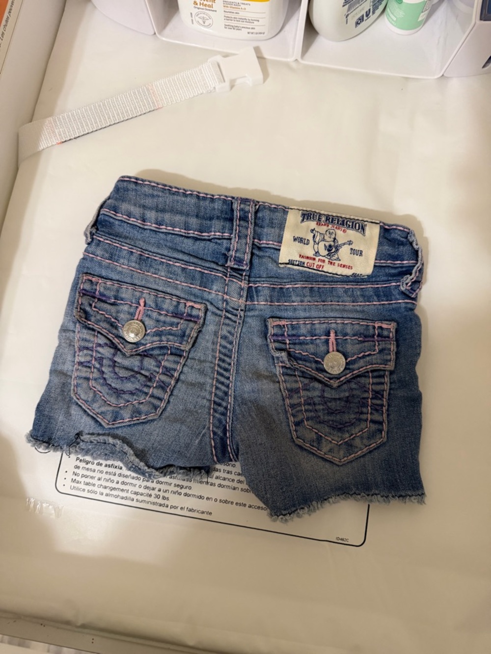 True Religion Girls Light Blue Denim Shorts with Pink Stitching